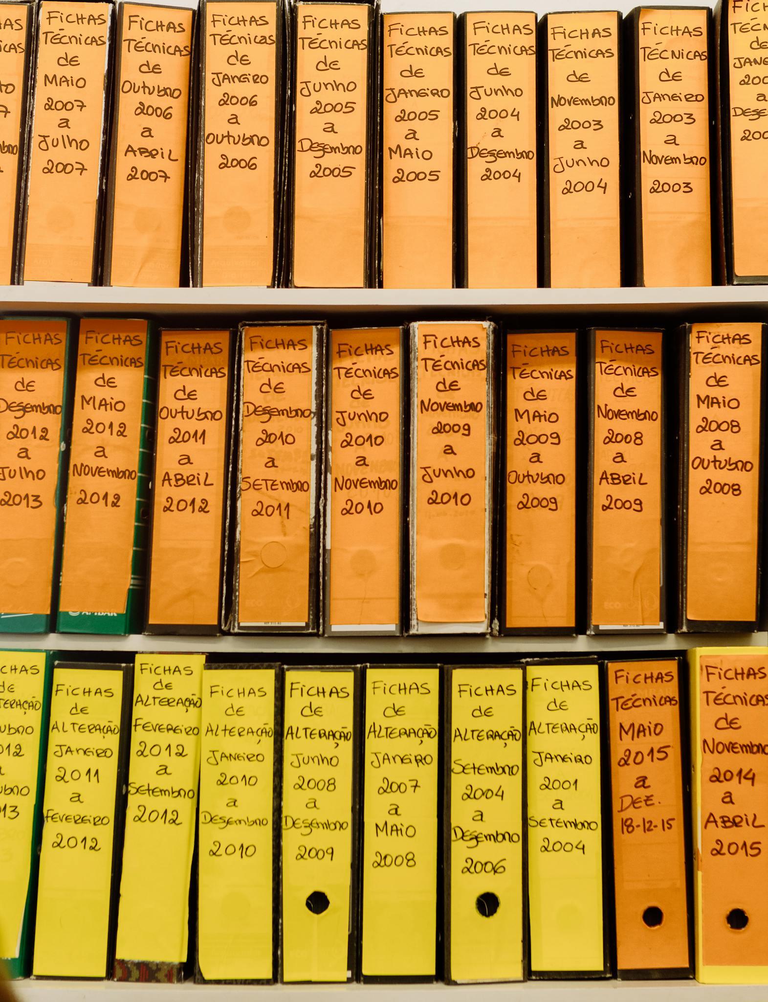 Rows of labeled binder folders on a shelf showcasing organized office files and technical documents.